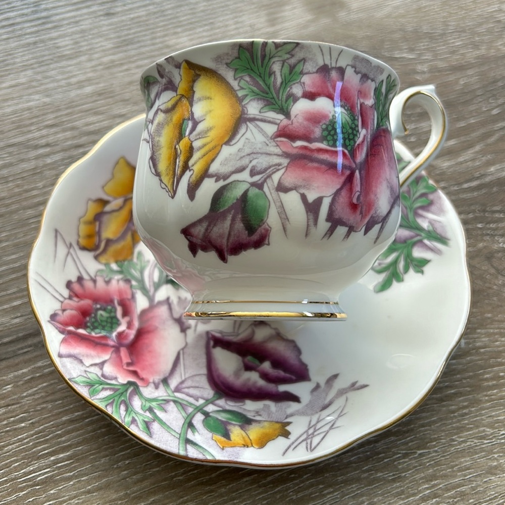 Royal Albert Footed Demitasse Flower of the Month #8 “Poppy” Tea Cup & Saucer